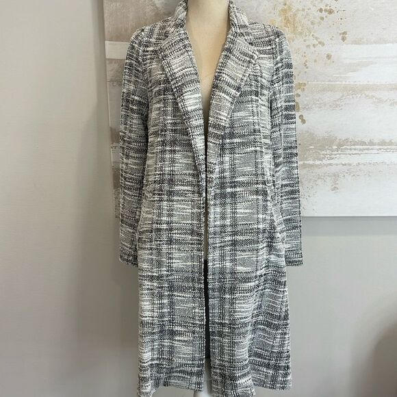 NWT SZ SMALL MelloDay soft knit tweed  oversized long blazer large plaid - Picture 1 of 7